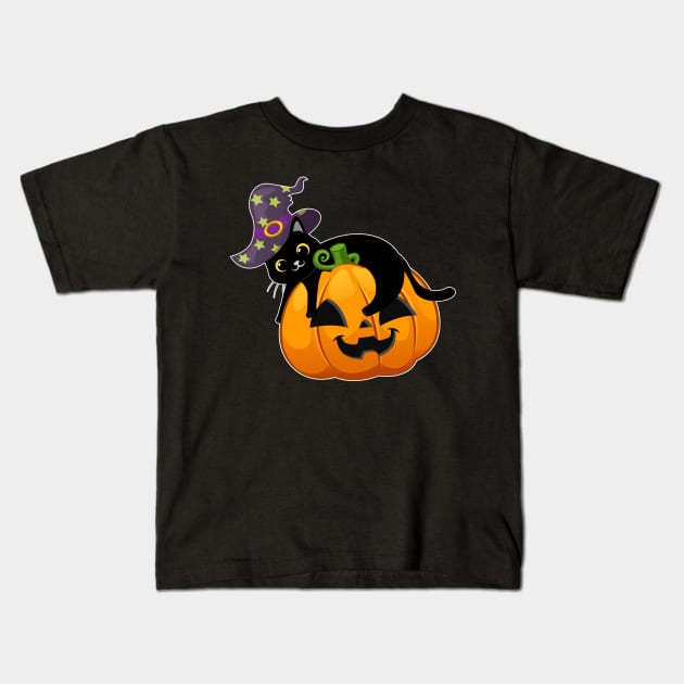 Lazy Black Cat Pumpkin Wear Witch Hat For Halloween 2021 Kids T-Shirt by Hong Lien 